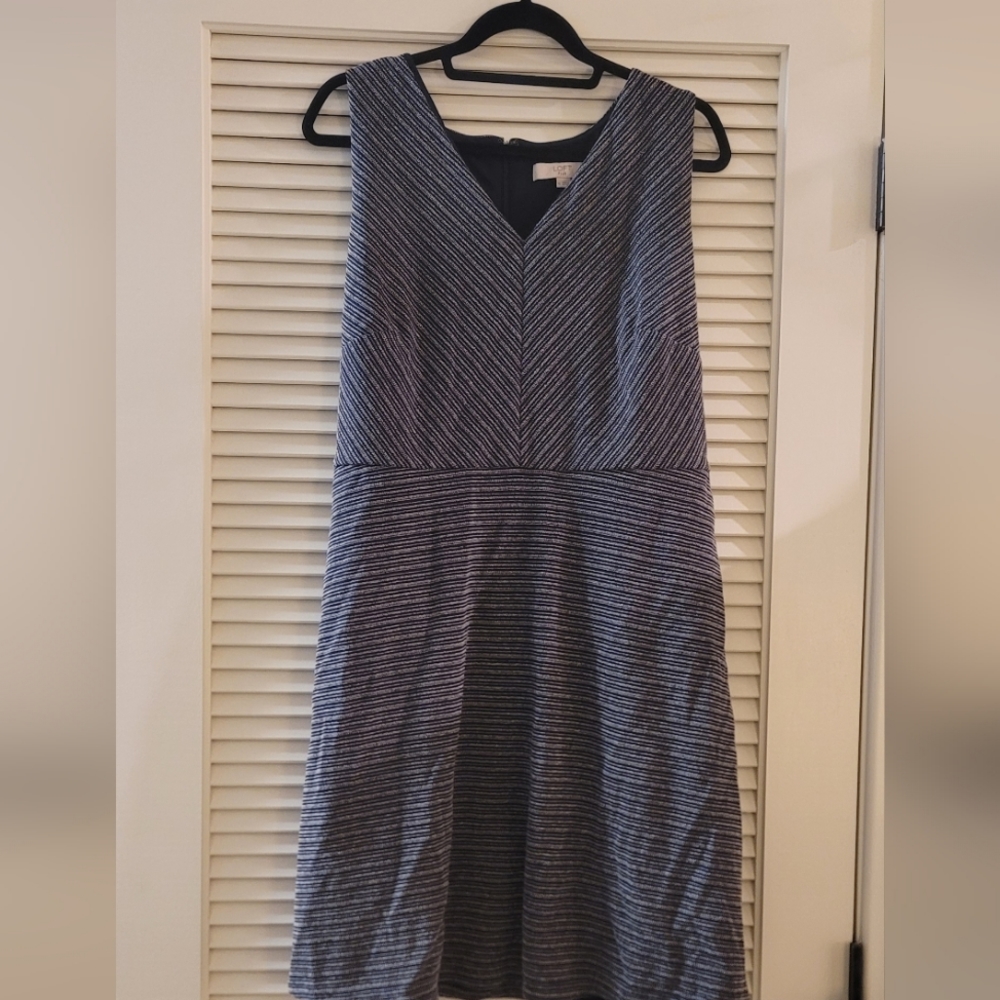 Loft - (Plus-Size) Navy Blue & White Dress With Back Zipper & Waist Tie
